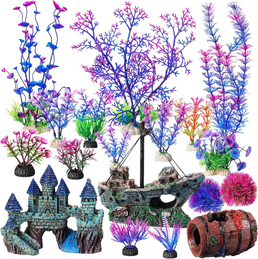 Zeyune 18 Pcs Aquarium Decorations Kit Fish Tank Decorations Set Small Resin Castle Sunken Ship Starfish Barrel Artificial Aquarium Plants for Fish Bowl