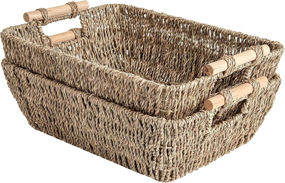 StorageWorks Hand-Woven Large Storage Baskets with Wooden Handles, Seagrass Wicker Baskets for Organizing, 2-Pack (Medium)