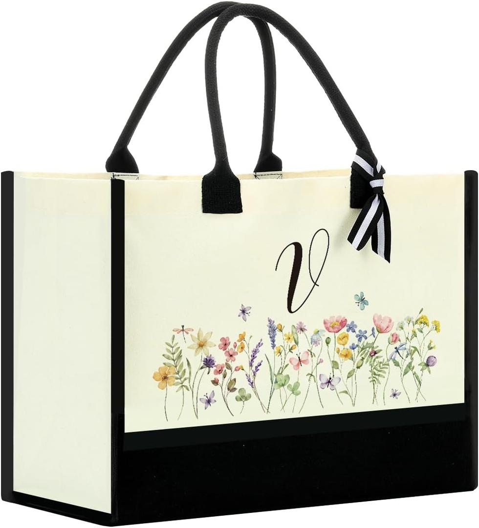 Initial Tote Bags for Women Personalized Gifts (V)