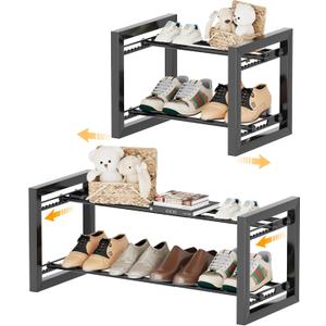 Homeiju Expandable Shoe Rack, 2 Tier Metal Shoe Shelf, Adjustable Shoe Stand for Sneakers, Boots, Heels, Heavy-Duty Steel Standing Shoe Organizer for Entryway, Closet, Bedroom, Black