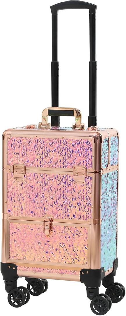 CHANNCASE Rolling train case with drawer Makeup rolling Cosmetic organizer Makeup traveling case Makeup trolley (colorful with gold)