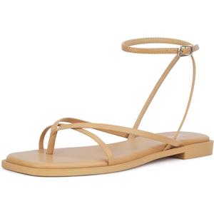 Womens Flats Sandals Square Toe Strappy Ankle Strap Flats (9, Nude)