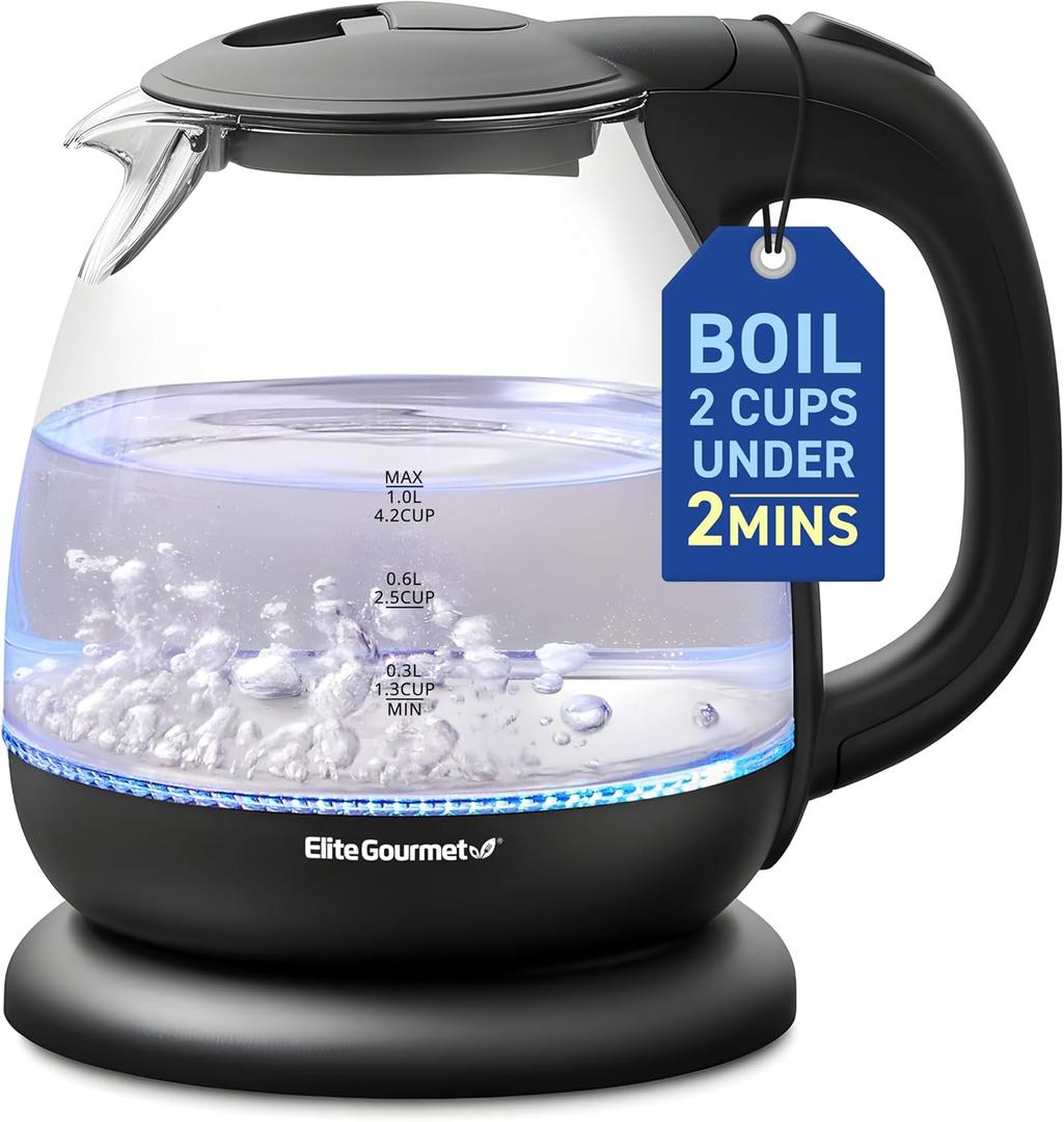 Elite Gourmet EKT1001 Electric 1.0L BPAFree 1100W Glass Kettle Cordless 360° Base, Stylish Blue LED Interior, Handy Auto ShutOff Function – Quickly Boil Water For Tea & More, Black