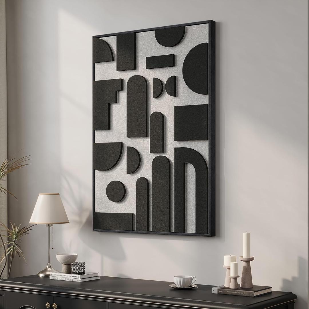 Framed 3D Black and White Abstract Wall Art, Modern Geometric Block Artwork for Walls, Minimalist Shape Pictures for Living Room Bedroom Dining Room Hallway Home Office Wall Decor, 24x36 In
