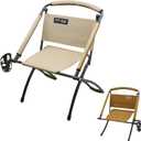 Folding Chair Double-Side Seat, Camping Chair Usable On Both Sides, One Chair Two Heights, Carbon Steel Portable Foldable with Cup Holder for Camp Beach Picnic Patio Sports Brown Beige