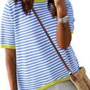Dokotoo Womens Tops Casual Summer Crewneck Short Sleeve Striped Color Block Knit High Low Trendy Pullover Sweaters (Small, A Sky Blue)