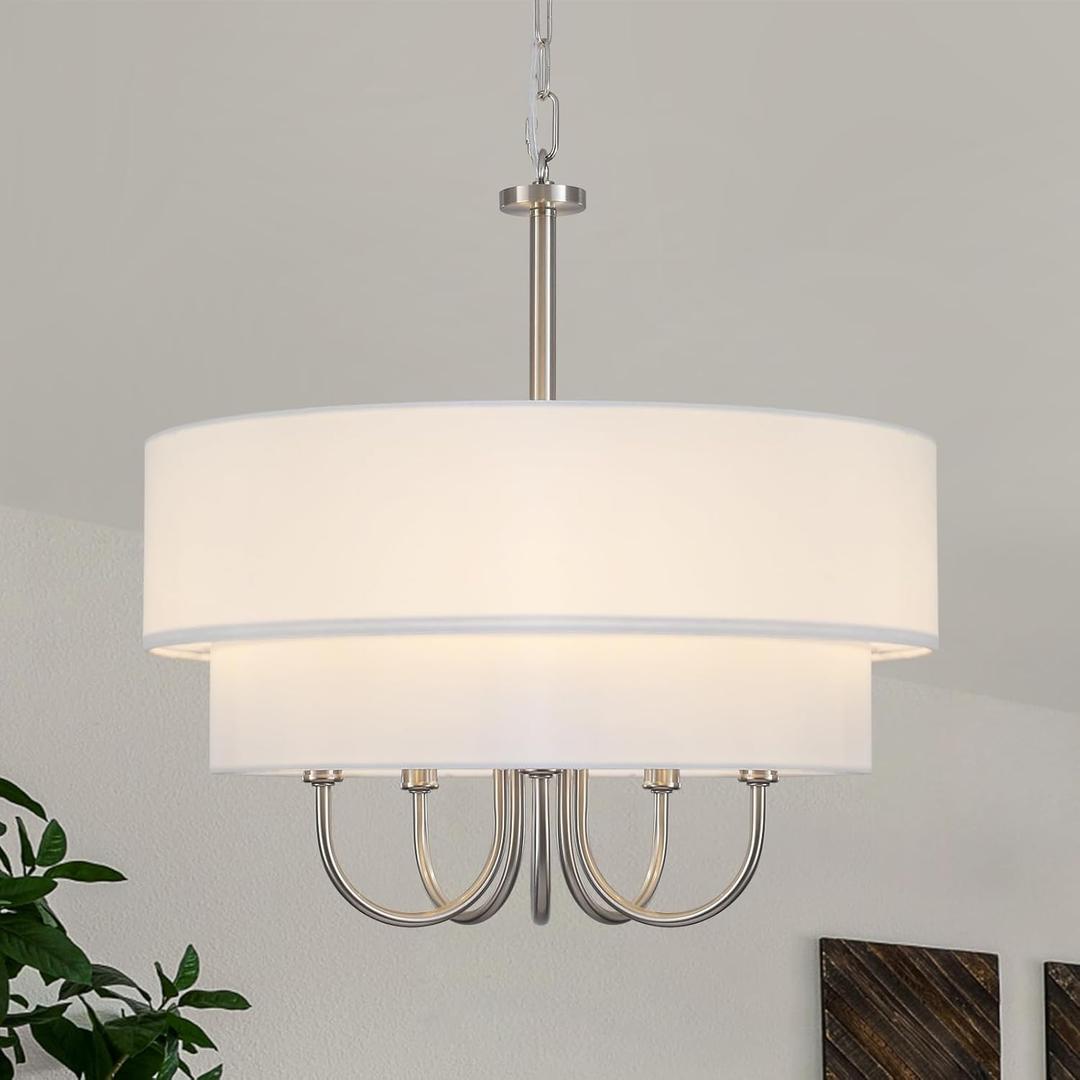 Modern Drum Chandeliers for Dining Room 5 Light Brushed Nickel Chandelier with Shades Contemporary Farmhouse Light Fixtures Hanging Large Pendant Lighting for Kitchen Island Living Room Entryway Foyer