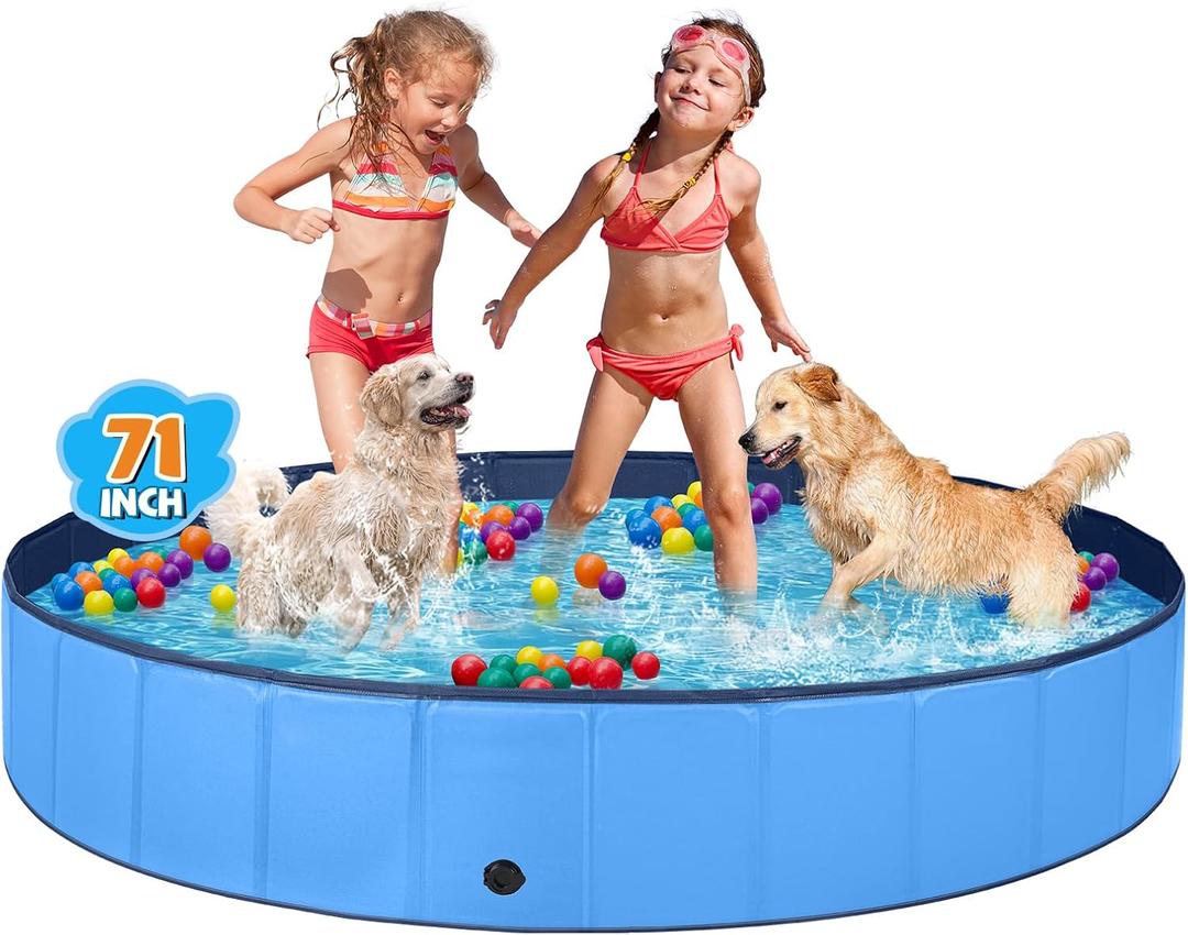 Jecoo Dog Pool for Large Dogs Kiddie Pool Hard Plastic Foldable Dog Bathing Tub Portable Outside Kids Swimming for Pets and Dogs Outdoor Backyard (2XL-71"x12", Blue)