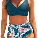 Yonique Women's Two Piece High Waisted Bikini Set Tummy Control Swimsuit Full Coverage Bathing Suit (Large, Teal Floral)