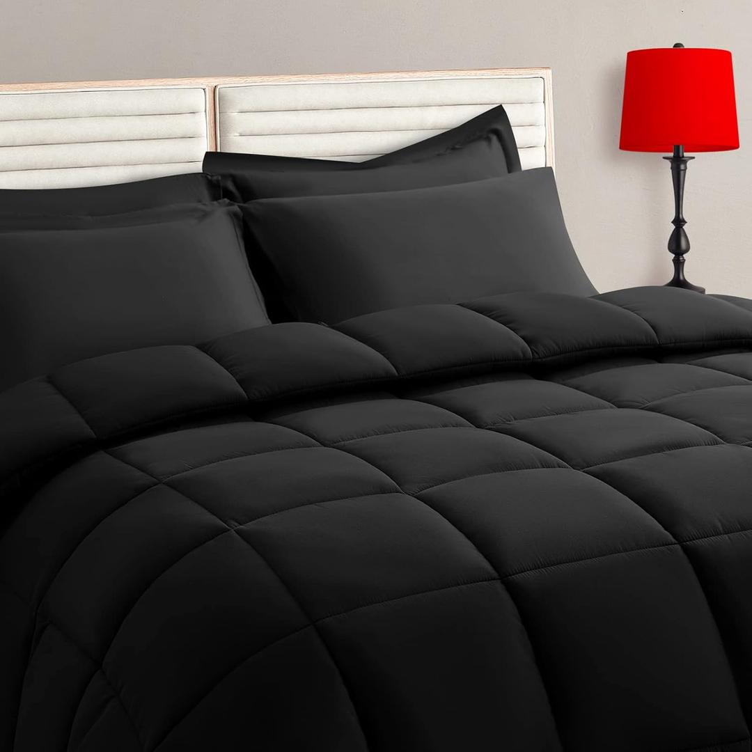 TAIMIT Queen Size Comforter Set - 7 Pieces, Bed in a Bag Bedding Sets with All Season Soft Quilted Warm Fluffy Reversible Comforter,Flat Sheet,Fitted Sheet,2 Pillow Shams,2 Pillowcases,Black