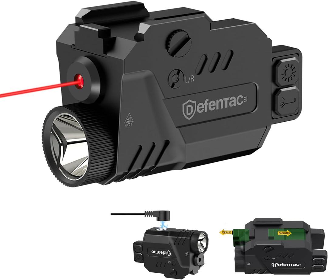 DEFENTAC 800 Lumens Pistol Light Laser Combo, Strobe Tactical Flashlight with Red Beams for Guns W/a Rail, Rechargeable