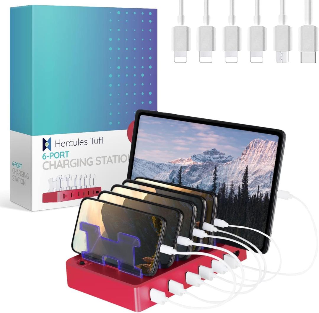 Charging Station for Multiple Devices  6-Port USB Charging Dock for Apple & Android  Fast Multi-Charger Organizer for Phones, Tablets & More (Pink)