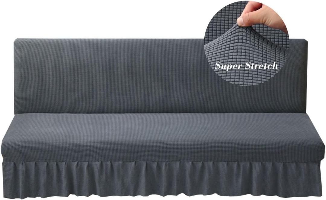 HFCNMY Stretch Armless Futon Cover with Skirt Knitted Jacquard Futon Sofa Bed Cover Machine Washable Futon Couch Cover Futon Sofa Cover Furniture Bed Protector with Elastic Bottom (Dark Gray)