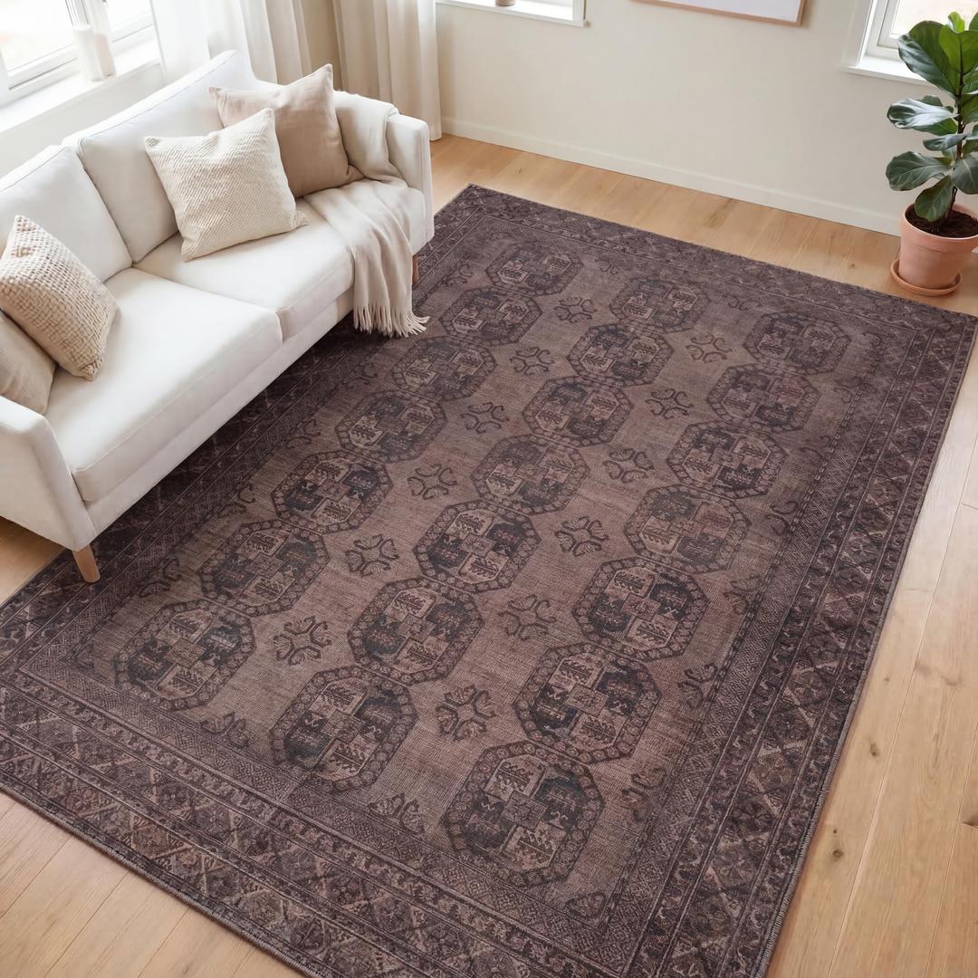 Kuden 4x6 Area Rug, Machine Washable Area Rug with Non-Slip Backing, Vintage Style, Soft, Easy Clean, Low Pile Rug for Living Room, Bedroom, Dining Room