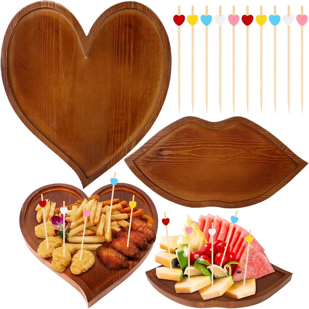 2 Pcs Heart Shaped Charcuterie Board Wood Lips Heart Food Tray Serving Platter with 100 Heart Cocktail Picks Valentines Charcuterie Board Cheese Board for Valentine's Day Decor Kitchen Accessories