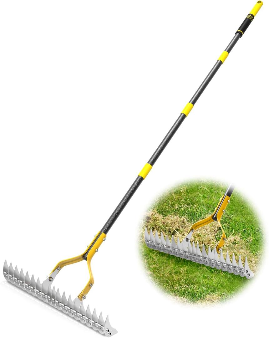 15-inch Thatch Rake & Dethatcher Rake - Heavy Duty Steel Head & Sponge Handle for Dead Grass Removal, Lawn Aeration, Soil Loosening Adjustable 5.84FT Durable Thatching Rakes for Lawns & Gardens