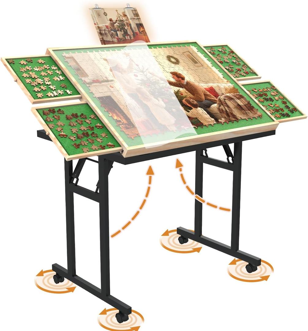 Doerpuz Puzzle Table with Folding Legs, 1500 Pieces Puzzle Table for Adults with Drawers, Cover, Wheels, 5 Adjustable Up Angles Wooden Jigsaw Puzzle Board for All Ages