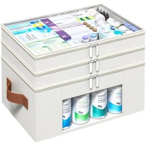 ISusaid 3-Tier Medicine Organizer for Cabinet, Foldable Medicine Storage Box with Clear Cover and Leather Handle, Empty First Aid Kit for Home and Travel