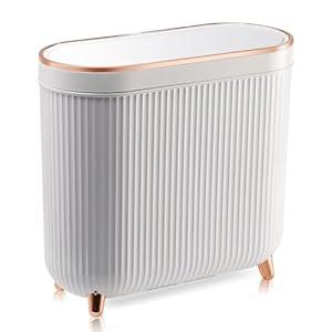 Supteron Bathroom Trash Can with Lid 3.2 Gallon Narrow Trash Can Small Plastic Trash Bin 12 Liter Rectangular Plastic Garbage Can with Press Type Lid for Bedroom Bathroom Milk White