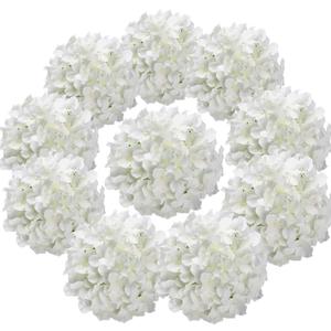 Flojery Silk Hydrangea Heads Artificial Flowers Heads with Stems for Home Wedding Decor, Pack of 10 (White)