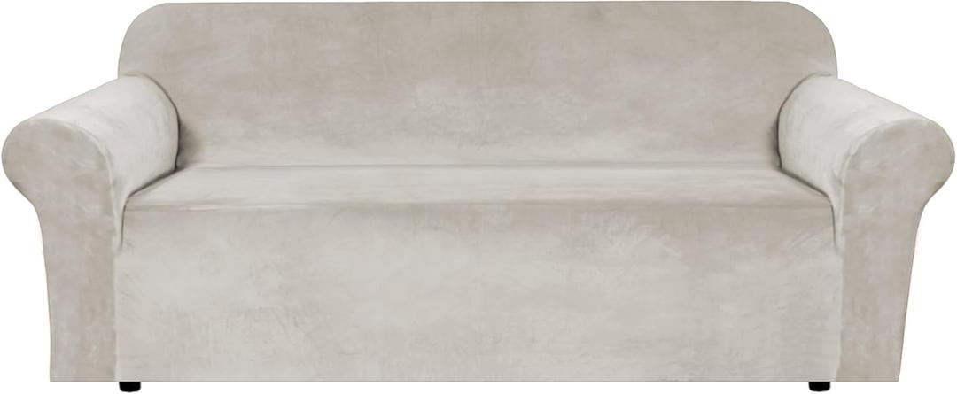 H.VERSAILTEX 1 Peice Stretch Velvet Sofa Covers for 3 Cushion Couch Covers Sofa Slipcovers Furniture Protector Soft, Crafted from Thick Comfy Rich Velour (Sofa 72"-90", Oatmeal)