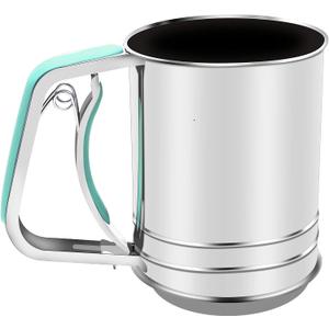 3-Cup Stainless Steel Flour Sifter,Squeeze Sifter for Baking with Compatable Silicone Handle (Green)