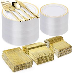 BESTVIP 600PCS Gold Plastic Plate Set (100 Guests), Plastic Plates for Party Wedding Birthday, Disposable Dinnerware Set of 200 Plates, 200 Forks, 100 Spoons, 100 Knives for Christmas