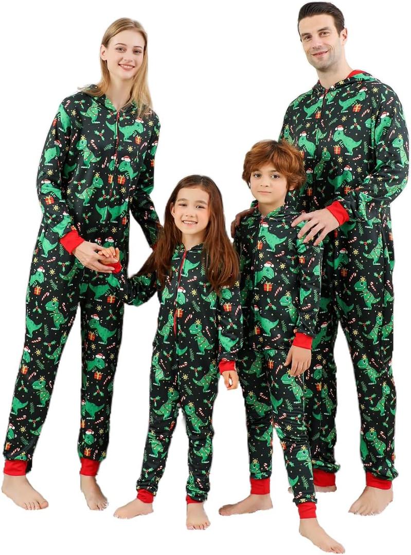 VNVNE Matching Christmas Onesie Pajamas for Family/Couples/Women/Men, Xmas Holiday Reindeer Striped Adults Pjs Sleepwear (Small, Green Dinosaur)