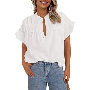 MASCOMODA Womens 2025 Button Down Shirts Ruffle Short Sleeve Loose Summer Tops Dressy Casual V Neck Business Work Blouses Small