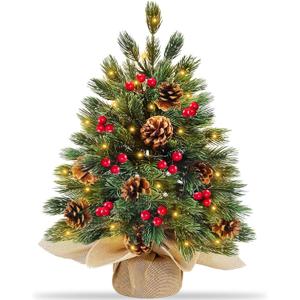 TURNMEON 20 Inch Realistic-Feel PE Thick Tabletop Christmas Tree with 35 Warm Lights Timer Battery Operated Full PE Pine Artificial Small Christmas Tree Red Berries Pinecone Xmas Decor Home Indoor