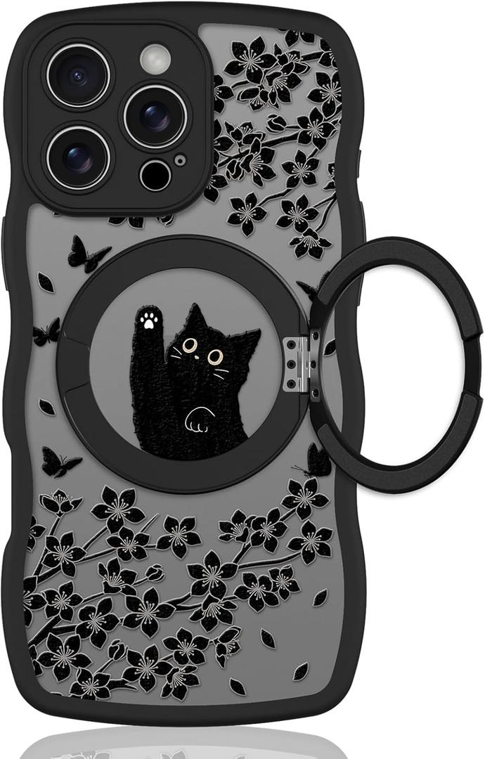 Wavy Case for iPhone 16 Pro Case with Stand [Compatible with MagSafe] Cute Black Cat & Floral & Butterflies Pattern Design, Kawaii 360 Magnetic Ring Kickstand Phone Cover for Women Girls
