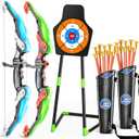 TEMI 2 Pack Archery Set - Includes 2 Bows, 20 Suction Cup Arrows & 2 Quivers & Standing Target, Outdoor Light Up Toys for Kids Boys Girls (Green and Blue)