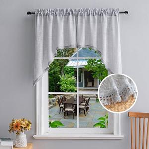Beda Home Tassel Linen Textured Swag Valances for Farmhouses’ Kitchen; Rustic Short Swag Topper for Small Windows Bedroom Privacy Added Rod Pocket Design, Light Grey, 36 x36 inch, 1 Pair