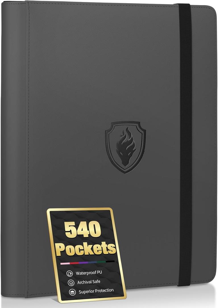 Premium 9 Pocket Card Binder for 540 Cards, Fabmaker PU Cover Trading Card Binder, Sturdy Card Collection Album, Sleek Card Holder Folders for YuGiOh, MTG, TCG, Game Cards & Sports Cards, Grey