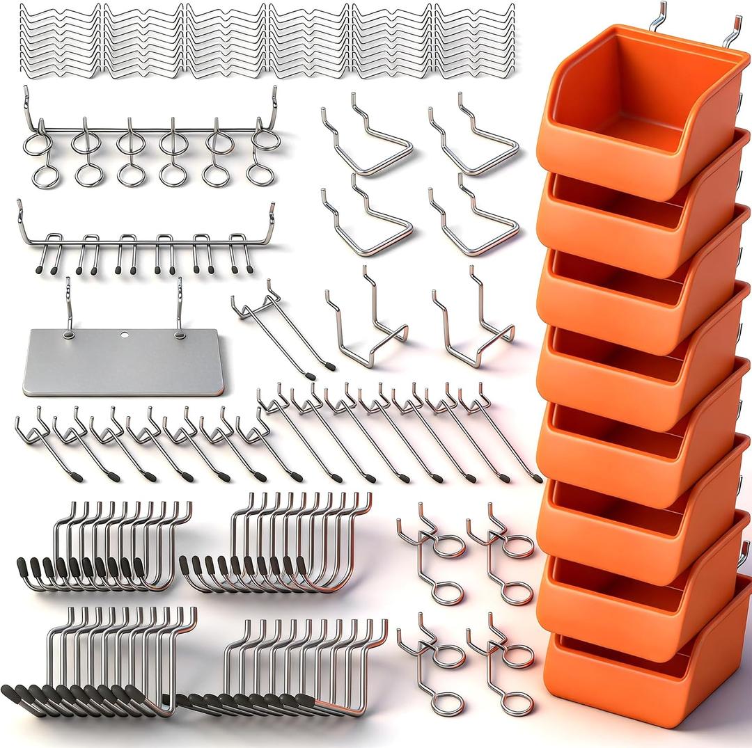 HORUSDY 150 PCS Pegboard Hooks Assortment Kit 15 Types Heavy Duty Pegboard Accessories with Bins Fits 1/8 & 1/4 Inch Pegboard Metal Hooks for Garage, Workshop, and Tool Organization