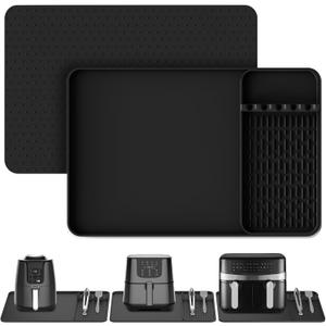 Silicone Heat Resistant Mats for Countertop,24x16 Inch Air Fryer Mat with Kitchen Accessories Holder Pad for Microwave/Oven,Compatible with Ninja/Cosori/Chefman/Toshiba,Kitchen Countertop Protector (Black)