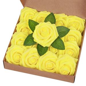 BLEUM CADE 16Pcs Artificial Flowers Fake Roses with Stems, Yellow Boxed Foam Roses for DIY Bouquets Centerpieces Wedding Party Arrangement Bridal Shower Decor
