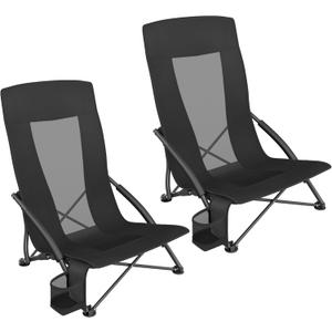 SONGMICS Set of 2 Portable Beach Chairs for Adults, Max. Load 330 lb Each, High Backrest, Cup Holder, Lightweight, Heavy-Duty, Black UGCB067B01V1