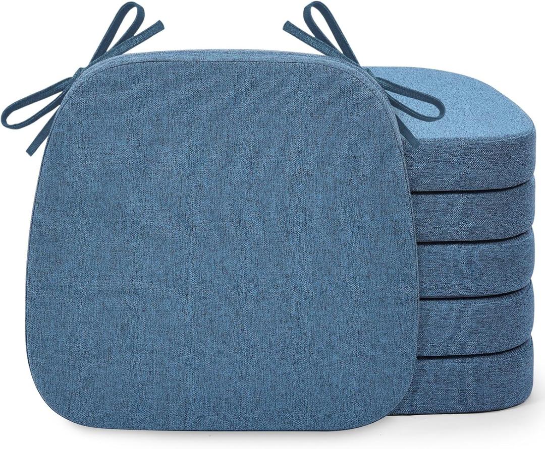 Shinnwa Chair Pads for Dining Chairs Set of 6, Non-Slip Kitchen Chair Cushions with Detachable Straps and Machine Washable Cover, 6 Pack, 17x16x2in, Blue