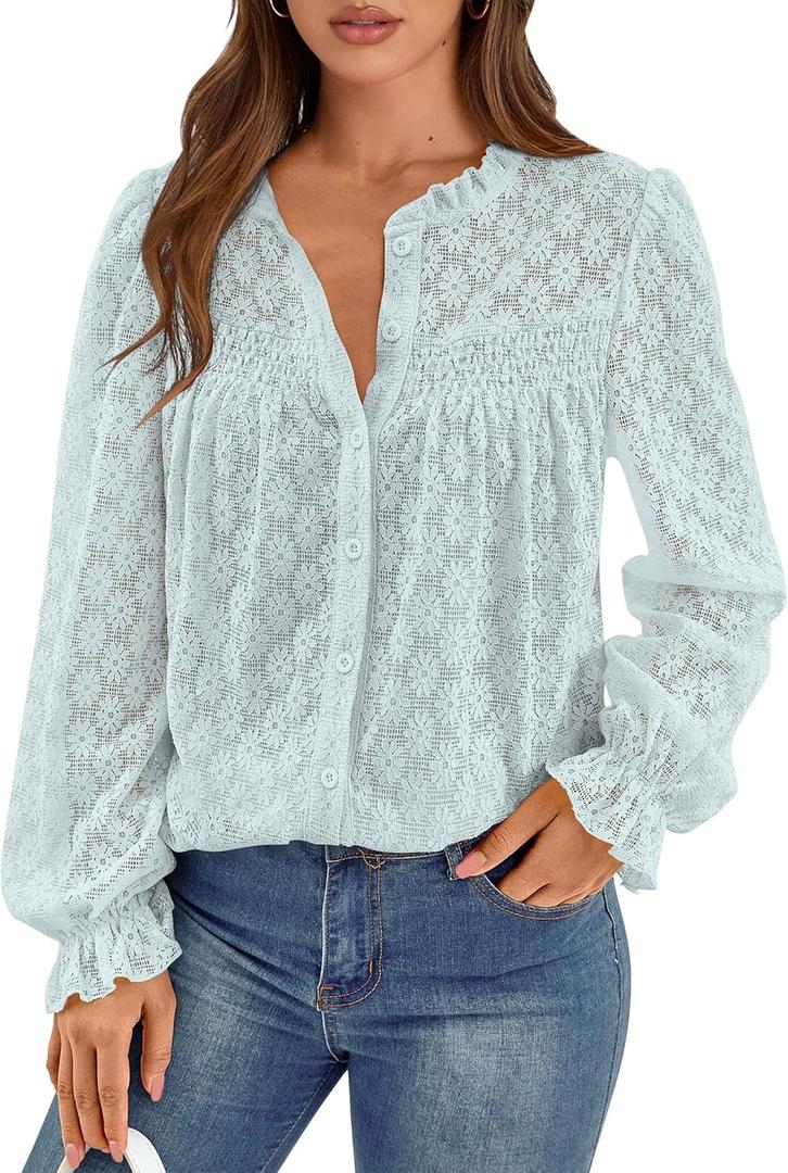 PRETTYGARDEN Women's Lace Long Sleeve Button Down Blouse (Blue), M