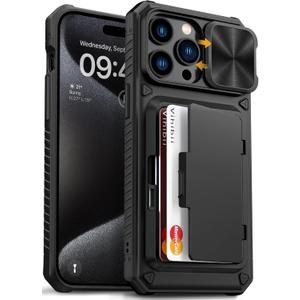 Vihibii for iPhone 15 Pro Max Case with Card Holder (4 Cards) & Slide Camera Cover & Kickstand, Military Grade Drop Protection, Rugged Hard Back & Silicone Edge Wallet Phone Case, 6.7" 2023, Black