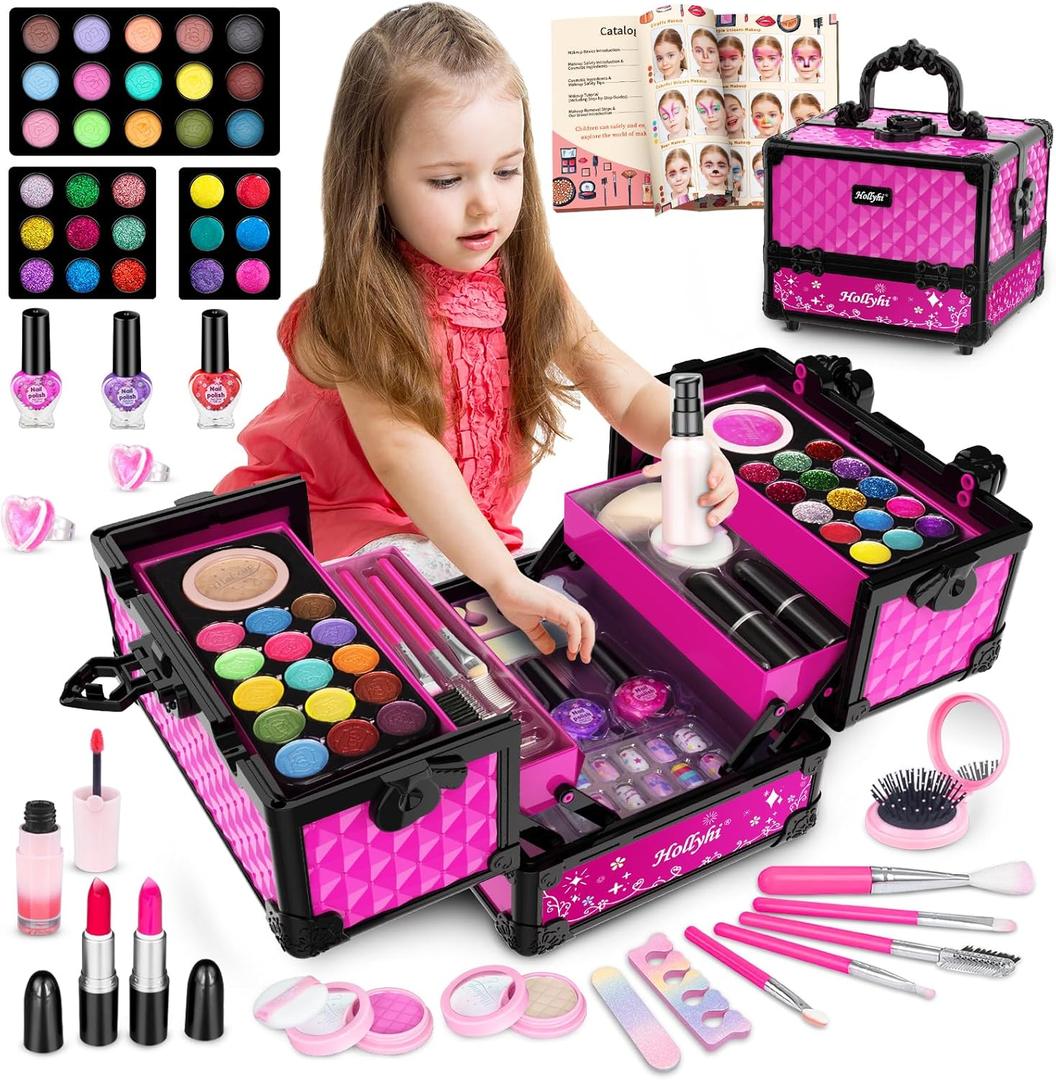 Hollyhi 59 Pcs Kids Makeup Kit for Girl, Washable Play Makeup Toys Set for Dress Up, Pretend Beauty Vanity Set with Cosmetic Case Birthday Toys for Girls 3 4 5 6 7 8 9 10 11 12 Years Old Kids Toddlers