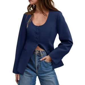Cicy Bell Womens Business Work Casual Blazers Button Down Scoop Neck Split Hem Fitted Suit Jackets (Blue, XXL)