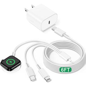 iWatch Charger for Apple Watch Charger Fast Charging, 6FT Multi Charging Cable with iPhone Charger USB C Block, 3-in-1 Travel Charger Cord for i-Watch Ultra 3/SE/11/10/9/8/7/6,iPhone 17/16/15/14/13/12
