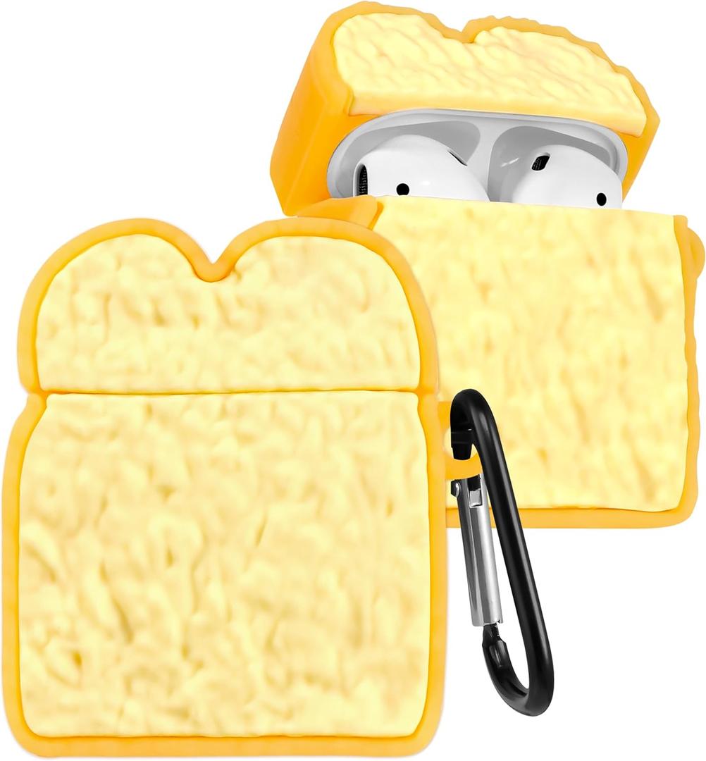 Boaretiu Cute Case for AirPods 2nd/1st - Funny 3D Soft Silicone Design Cover with Carabiner for Women Girls Girly Boys for Air Pods 1st/2nd, Bread