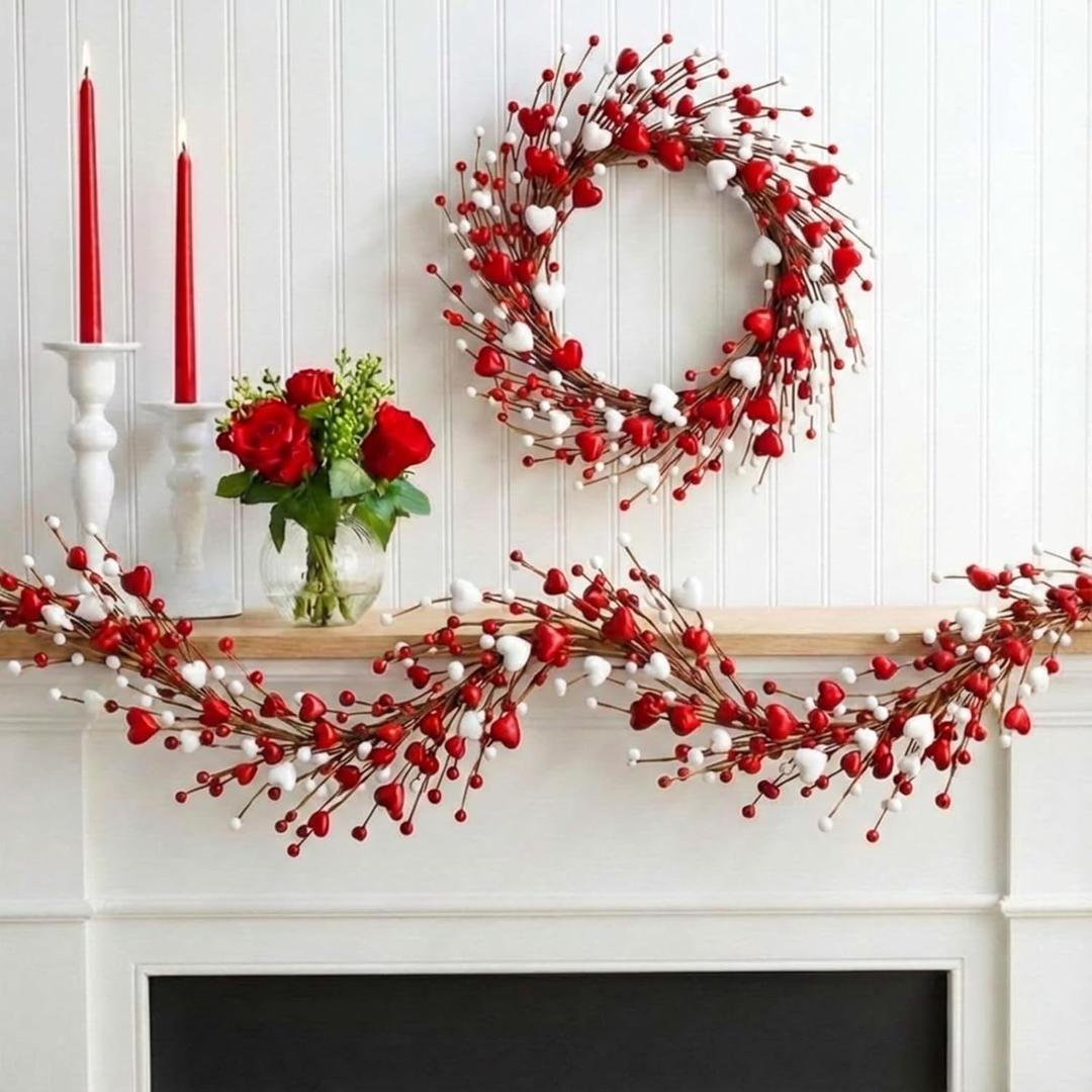 2 Pcs Valentine's Day Wreath and Garland for Mantel Artificial Red Heart Berry Valentine's Day Centerpiece for Romantic Party Wedding Fireplace Table Decor