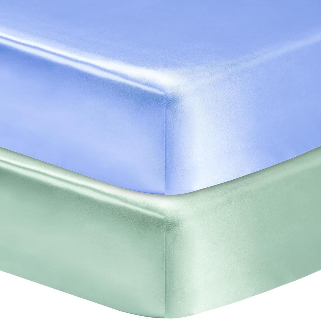 2 Pack Satin Soft Crib Sheet for Baby with Sensitive Hair Silky Baby Mattress Sheet Blue and Green Unisex 52x28x8 Fitted Sheets