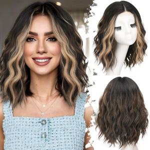 Dark Brown Mixed Blonde Short Wavy Wig for Women Lace Hairline Bob Style Synthetic Heat Resistant - Natural Appearance for Everyday Hairstyle 14 Inch