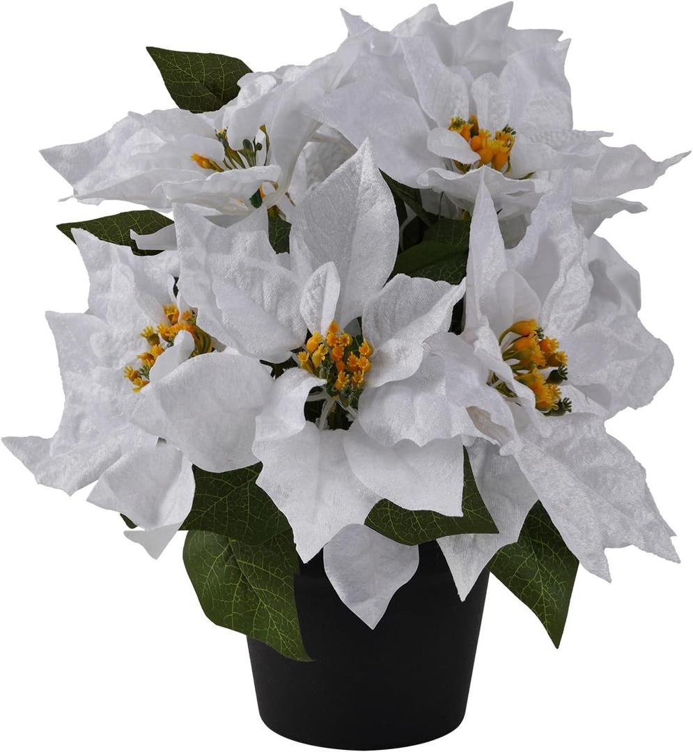 Poinsettia Artificial Christmas Flowers in Pot 9 Heads,15.7 Inch Large Fake Poinsettias Plants for Home Porch Office Indoor Outdoor Christmas Winter Decorations White