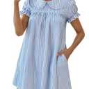 Xuiqx Women's Cute Babydoll Mini Dress Peter Pan Collar Ruffle Short Sleeve Pleated A Line Dresses 2026 Summer (Blue Stripes, Small)